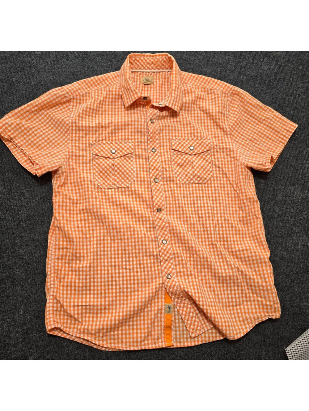 Trevero Orange White Check Shirt L – Snap Front – 2 Missing Pearl Covers